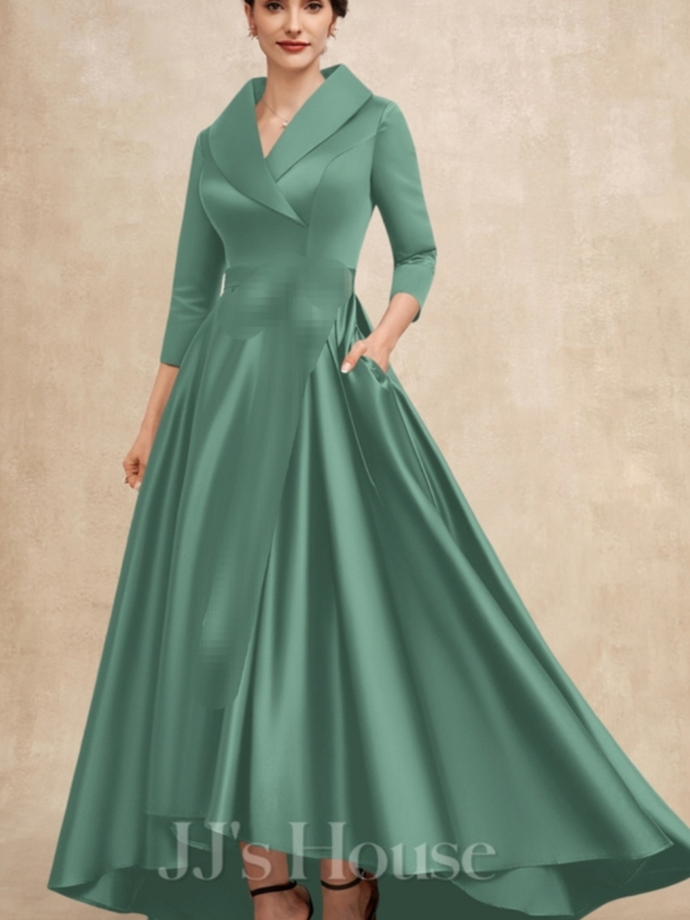 JJs House "Sea Glass" Green V-Neck Satin A-Line Maxi Dress Hi Low